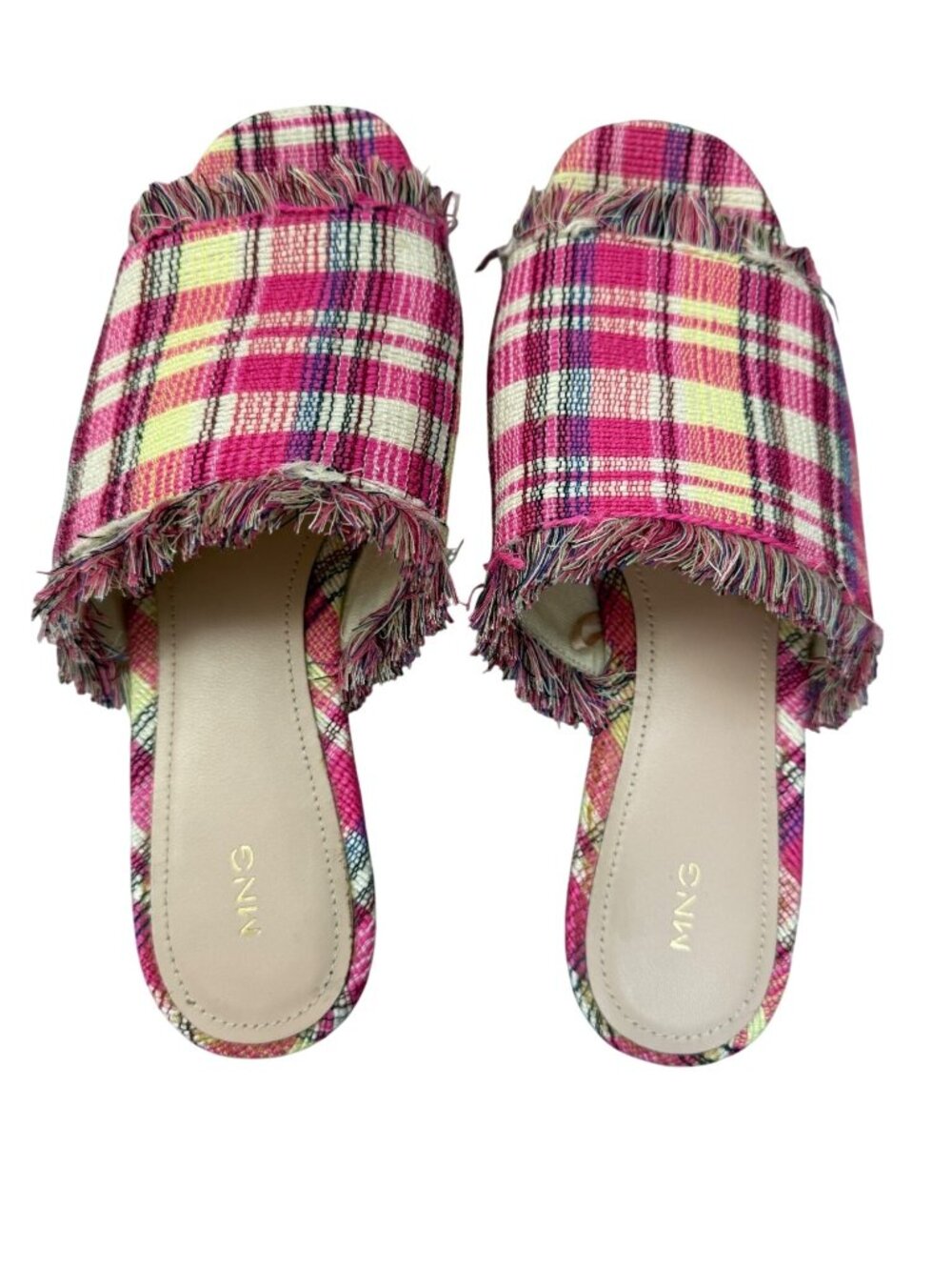 Mango MNG Sandals Size 39 / US 8.5 Pink Checkered Plaid Frayed Flat Slides Shoes